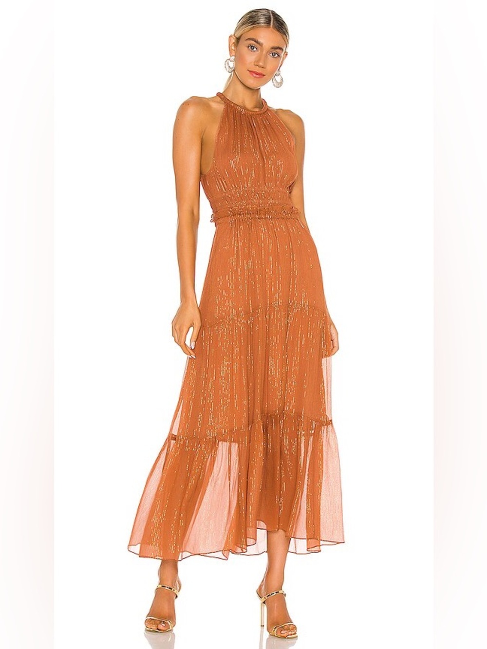 A.L.C. Elara Delara Metallic Silk Halter Midi Dress